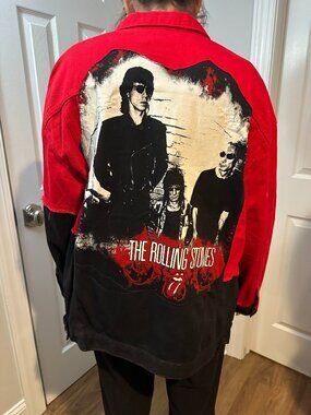 Red Black Color Block Jean Jacket with Rolling Stones image on back
